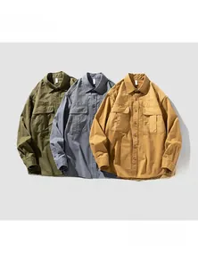 Mens long-sleeve cotton cargo shirts in olive, fog blue, and ginger yellow colors