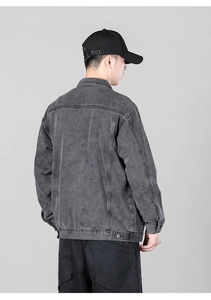 Rear view of men's slim fit denim jacket in dark grey with washed finish details