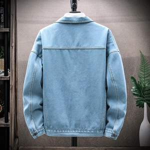 Back view of light blue denim jacket with fleece lining and dropped shoulder design