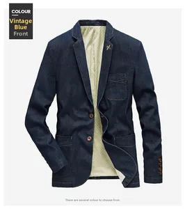 Front view of a vintage blue denim blazer for men with detailed contrast stitching