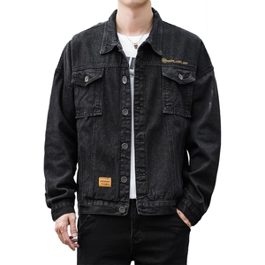 Men's slim fit washed black denim jacket with embroidery and fashion patch