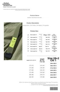 Tableau des tailles pour shorts cargo hommes incluant taille, longueur et hanches