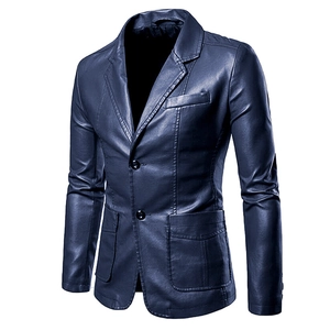 Detail of dark blue faux leather blazer jacket featuring notched lapels and two buttons