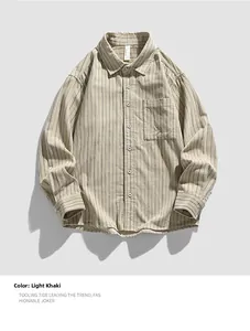 Detail of light khaki corduroy shirt showing classic collar and chest pocket texture