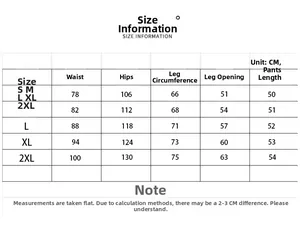 Detailed size chart for camouflage cotton shorts showing S to 2XL measurements in CM