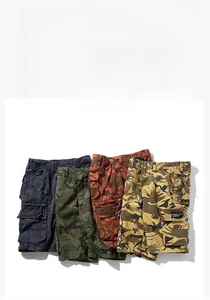 Flat lay view of four men's cargo shorts featuring various camouflage patterns and side pockets