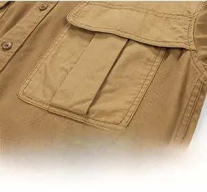 Macro detail of khaki workwear shirt showing large flap pocket and double stitching line