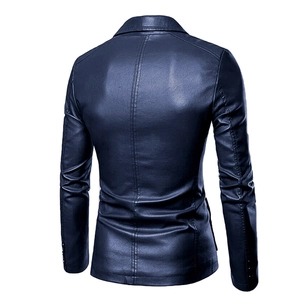 Rear view of a navy blue PU leather blazer showing fine texture and slim fit design