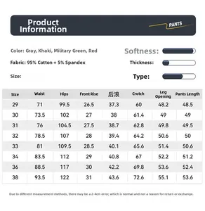 Detailed size chart for men's cotton cargo shorts with measurements for waist and hips