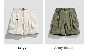 Détail de shorts cargo beige et vert armée avec ceintures réglables et poches latérales
