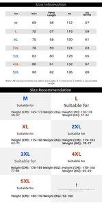 Detailed size chart for men cargo shorts with waist and length specs from M to 5XL
