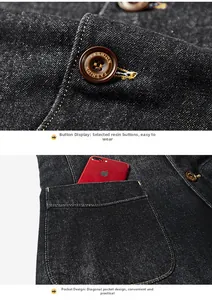 Detail view of denim jacket fabric featuring resin buttons and functional large side pockets