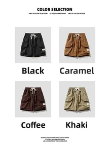 Men's cargo shorts set showing four colors with large pockets and drawstring waist