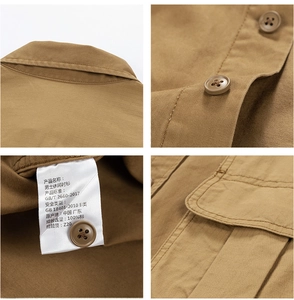 Detail view of cotton casual shirt featuring collar, buttons, pocket and care label
