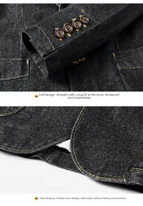 Detail of fashion buttons on cuff and yellow stitching of black denim blazer jacket