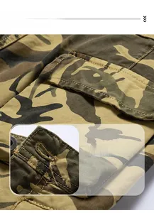 Detail of cargo shorts camouflage fabric showing back pocket and double stitching