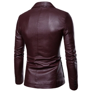 Back view of slim fit burgundy PU leather jacket showing detailed texture and stitching