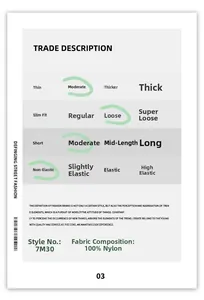 Size guide for cargo shorts showing loose fit and 100% nylon fabric specifications