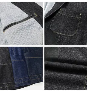 Detail view of cotton blazer showing twill fabric texture and contrast stitching