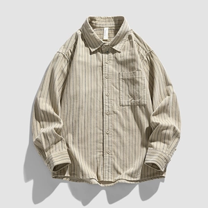 Men Long Sleeve Corduroy Striped Shirt Cotton Casual Workwear Top Turn-down Collar Off-white Khaki Loose Fit Clothing