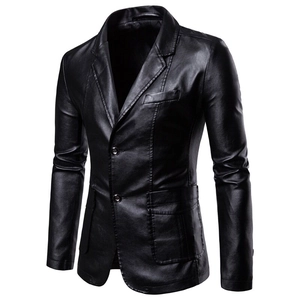 Detail view of the black PU leather blazer featuring a notched lapel and classic double buttons