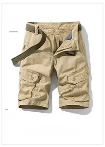 Detail view of khaki multi-pocket cargo shorts with dark green woven canvas belt