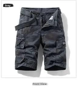 Flat lay of men's grey camo cargo shorts with belt and brand embroidery details