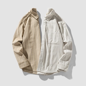 Men's casual long-sleeved striped shirt with collar and chest pocket in khaki and grey