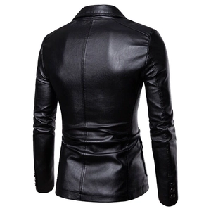 Rear view of black PU leather suit jacket for men with slim fit cut and fine stitching