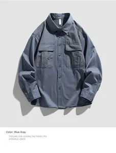 Close-up of blue-grey long-sleeved work shirt with flap pockets and high-density cotton texture