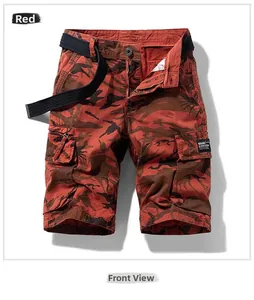 Front view of red camouflage cargo shorts with black woven belt and multi-pocket design