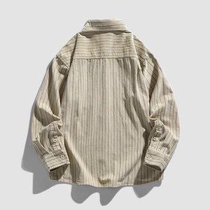 Men's loose long-sleeve beige striped shirt with casual collar and cotton-linen texture
