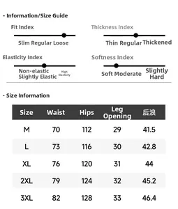 Detailed size chart for men's loose cargo shorts with fabric index and dimensions