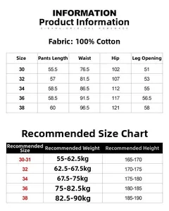 Detailed size chart for men's 100% cotton cargo shorts with precise measurements in CM