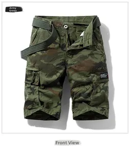 Detail of army green camouflage cargo shorts featuring multi-pocket design and belt
