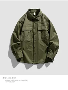 Flat lay detail of an army green long-sleeve utility shirt with tactical chest pockets