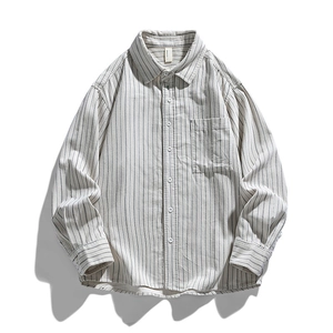 Minimalist long-sleeve striped shirt with classic turn-down collar and chest pocket