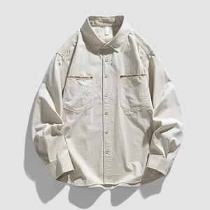 Beige cotton long-sleeve casual shirt with ethnic embroidery on double chest pockets