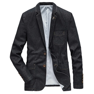 Men Casual Denim Blazer Jacket Cotton Blend Slim Fit Notched Lapel Two Button Suit Coat With Pockets Vintage Outerwear