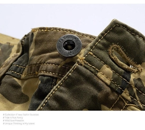 Detailed macro view of camo cargo shorts featuring a branded metal button and fine stitching
