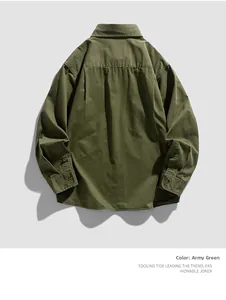 Detailed back view of army green long sleeve utility shirt with yoke pleat and double-button cuffs