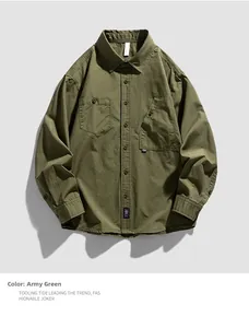 Flat lay of Army Green long sleeve utility shirt with double chest pockets and labels