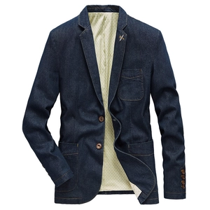 Men's slim fit dark blue denim casual blazer jacket with classic notched lapel and pockets