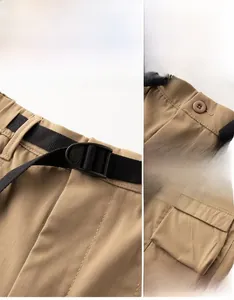 Détails du short cargo kaki montrant la boucle de ceinture et les poches plaquées 3D