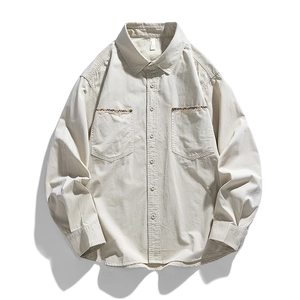 Men's off-white long sleeve work shirt with ethnic woven trim on double chest pockets