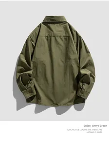 Back view of army green long-sleeved utility shirt showing textured cotton and stitching