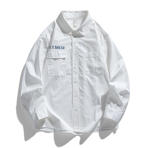 Men's white long sleeve button-up shirt with lapel collar and double chest pockets
