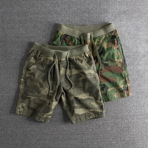 Men's washed camouflage cotton shorts with elastic drawstring waist in two colors