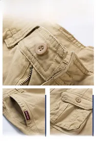 Detail of khaki cargo shorts showing durable zipper fly, resin button, and reinforced seams