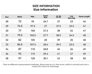 Detailed size chart for cargo shorts including waist, hip, and length measurements